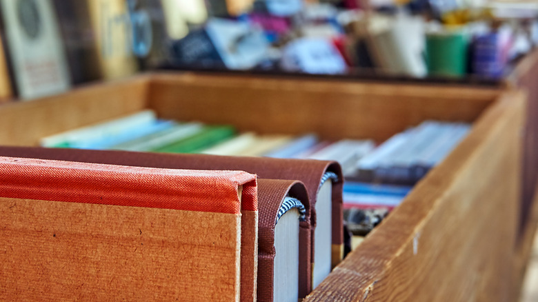 wooden crates with book displays