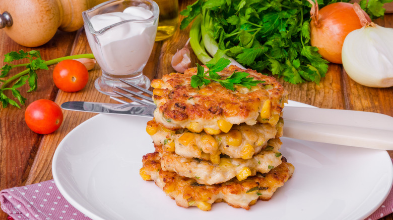 Plated corn fritters with ingredients
