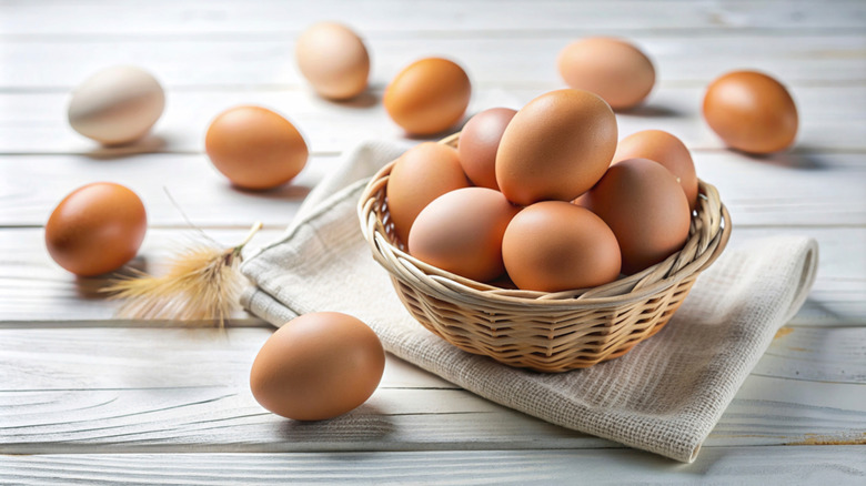 A basket of large brown eggs on a gray table