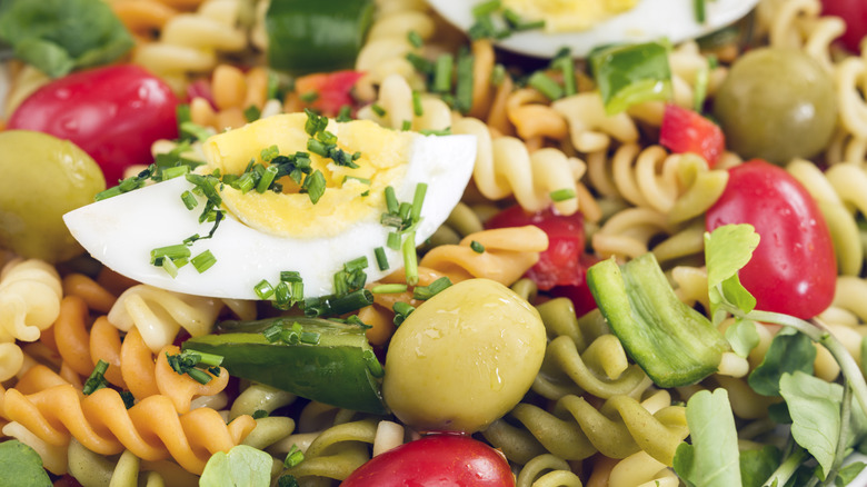 close-up of tri-color pasta salad