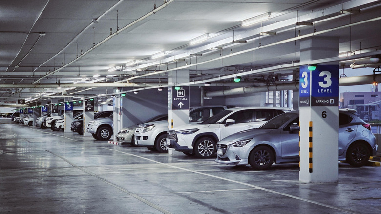 The interior of an indoor parking garage