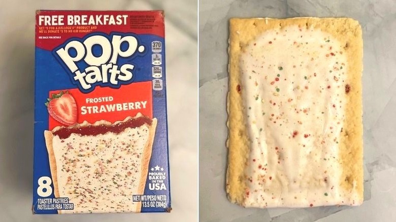 A box of Pop-Tarts beside a frosted Strawberry Pop-Tart