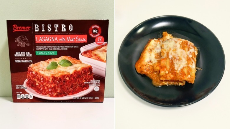 Bremer's lasagna on black plate next to box