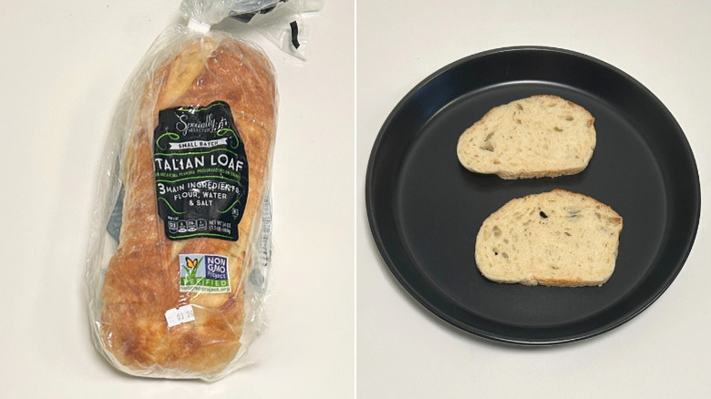 A loaf of Aldi's Specially Selected Italian bread in the bag next to two slices on a black plate