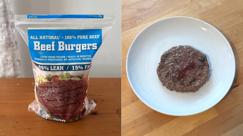 Bag of beef burger patties from Aldi, packaging and a cooked burger on a plate