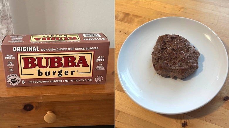 Bubba frozen beef patties, packaging and a cooked burger on a plate
