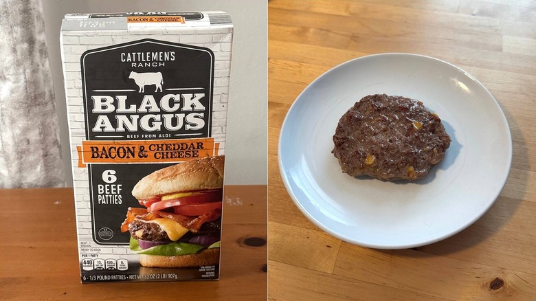 Cattlemen's Ranch Bacon & Cheddar Cheese patties, packaging and a cooked burger on a plate