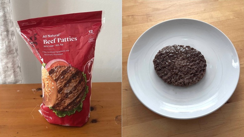 Bag of Good & Gather frozen beef patties, packaging and a cooked burger on a plate