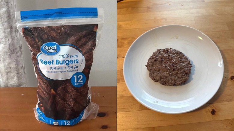 Bag of Great Value beef burger patties, packaging and a cooked burger on a plate