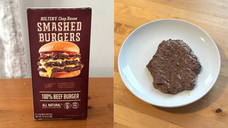 Holten's Chop House Smashed Burgers, packaging and a cooked burger on a plate