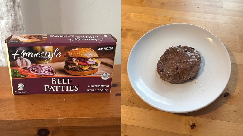 Homestyle beef patties by Our Best, packaging and a cooked burger on a plate
