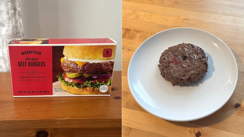 Marketside frozen beef patties, packaging and a cooked burger on a plate