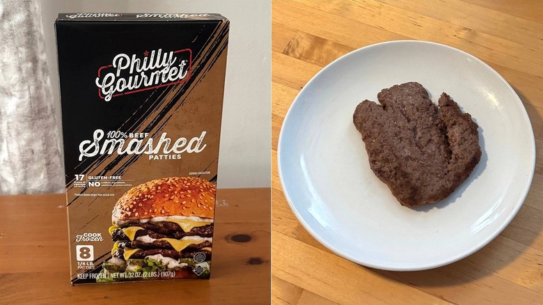 Philly Gourmet frozen beef patty, packaging and a cooked burger on a plate