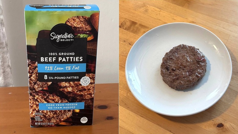 Signature Select frozen beef patties, packaging and a cooked burger on a plate