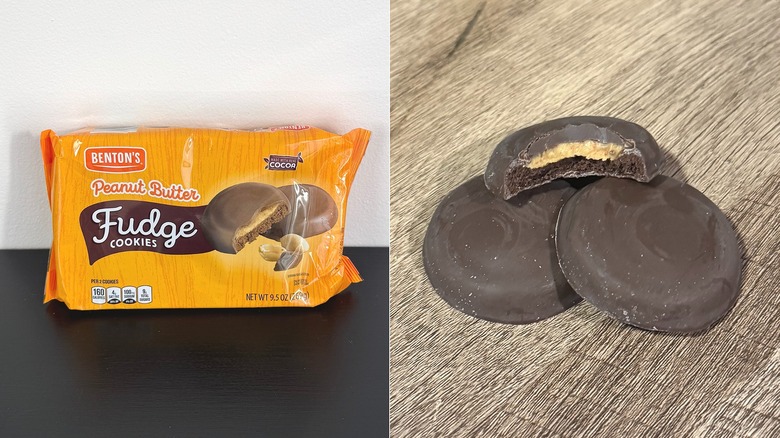 split image of Benton's Peanut Butter Fudge Cookies with package and cookies on table
