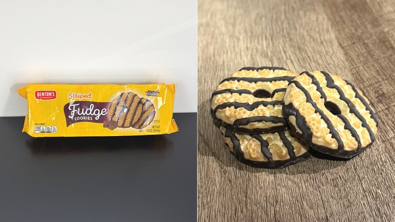 split image of Benton's Fudge Striped Shortbread Cookies with package and cookies on table