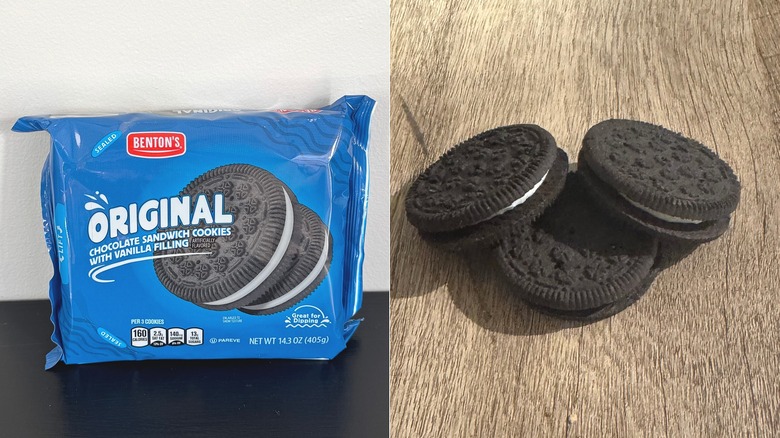 split image of Benton's Original Chocolate Sandwich Cookies with package and cookies on table