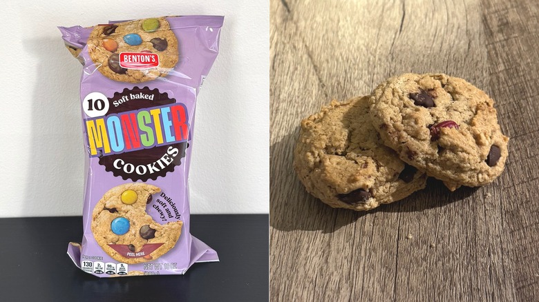 split image of Benton's Soft Baked Monster Cookies with package and cookies on table