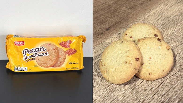 split image of Benton's Pecan Shortbread Cookies with package and cookies on table