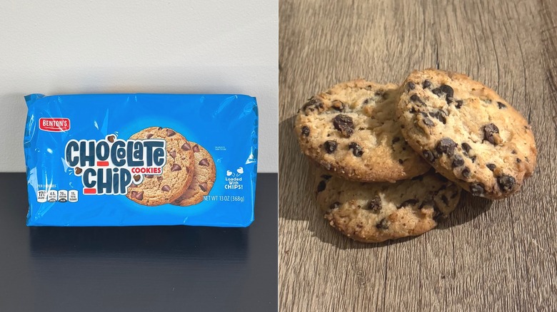 split image of Benton's Chocolate Chip Cookies with package and cookies on table