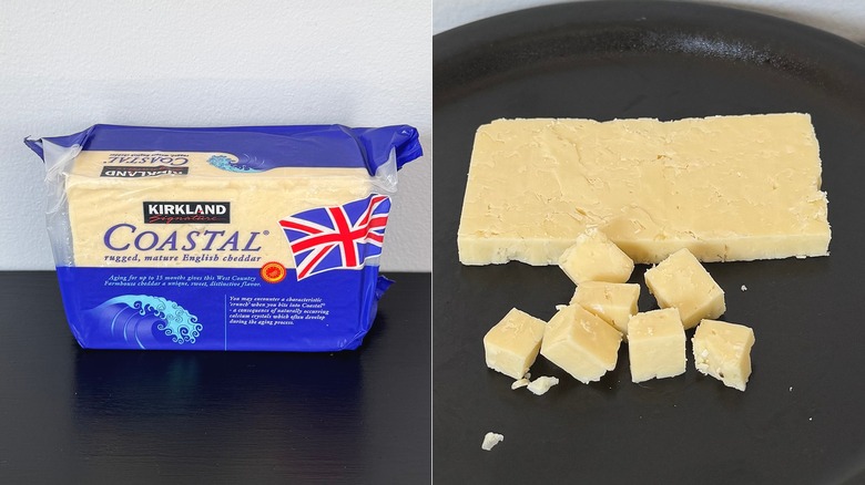 Kirkland's Coastal English cheddar in package and a slice and cubes on plate