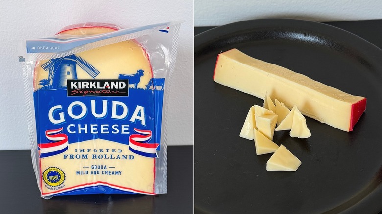 Kirkland's gouda cheese in package and a slice and chunks on plate