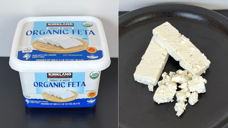 Kirkland's organic feta in tub and sliced and crumbled on plate
