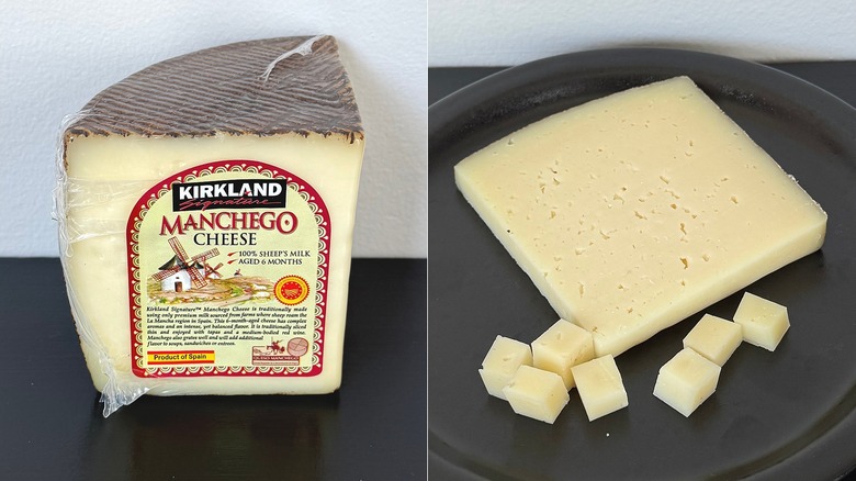 Kirkland's manchego cheese in package and sliced and cubed on a plate