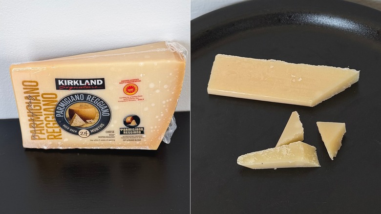 Kirkland's Parmigiano Reggiano cheese in package and sliced and in chunks on plate