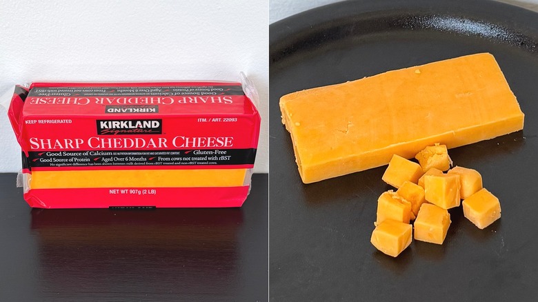 Kirkland's sharp cheddar cheese in package and sliced and cubed on plate