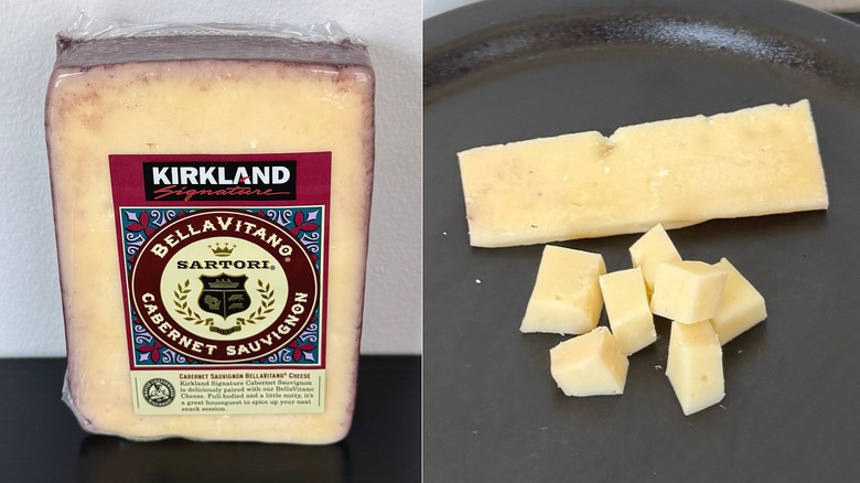 Sartori BellaVitano Cabernet Sauvignon cheese in package and sliced and cubed on plate