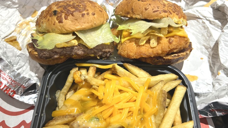 cheeseburger, chicken sandwich, fries