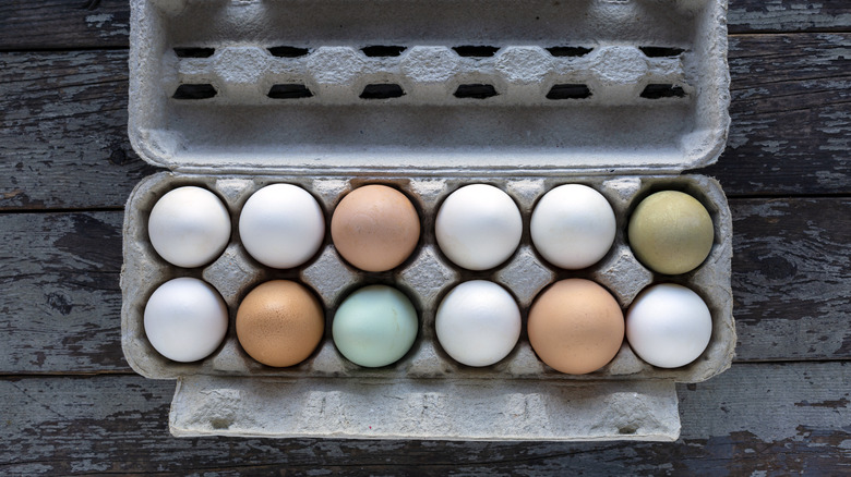 A carton of multicolored heritage eggs