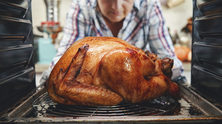 person putting turkey in oven