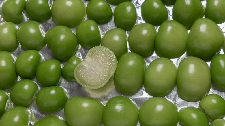 tray of halved tomatillos