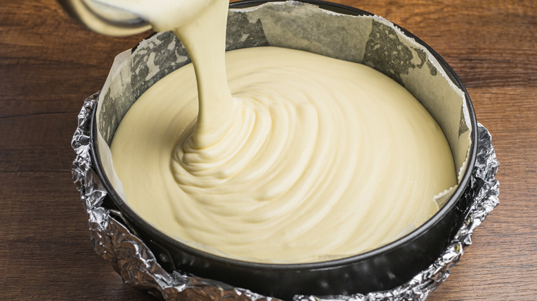 Cake batter pouring ribbon stage