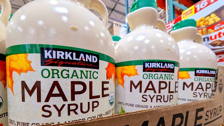 Close up of Costco Kirkland Brand Maple Syrup