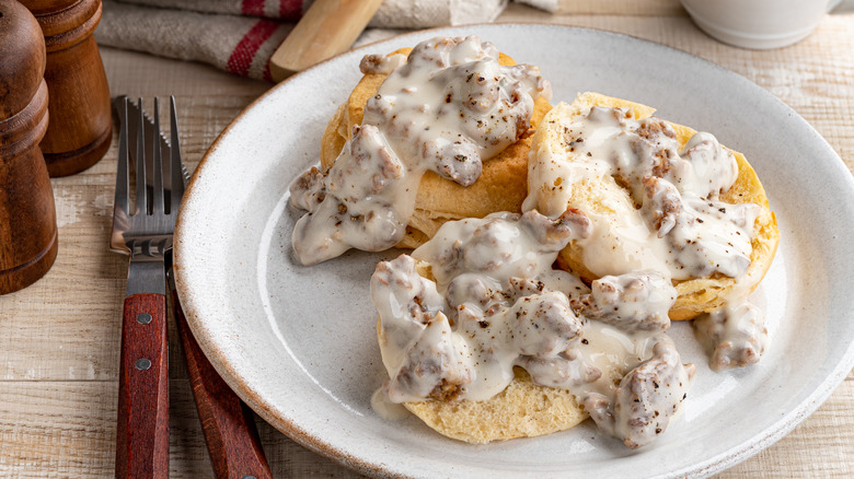 Biscuits topped with sausage gravy