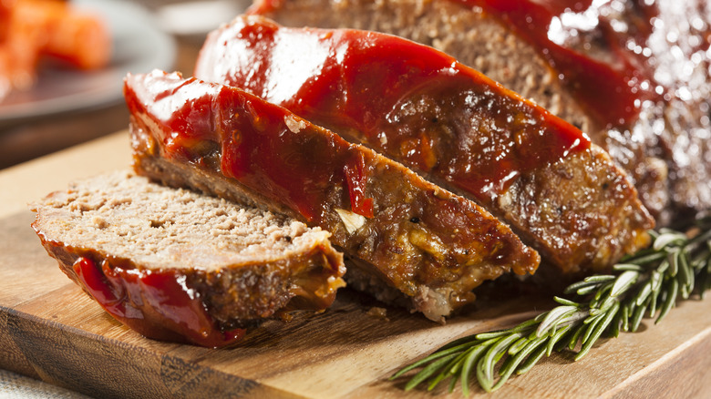 Meatloaf with rosemary garnish