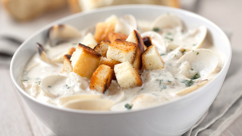 New England clam chowder with croutons