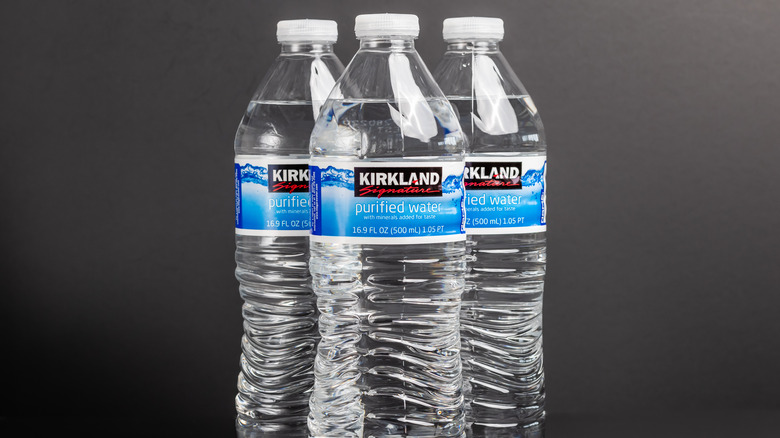 3 bottles of Kirkland water with gray background