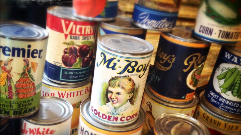 close up on vintage canned goods