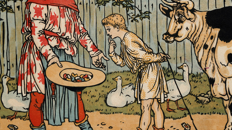 Vintage illustration of Jack and the Beanstalk with Jack inspecting magic beans
