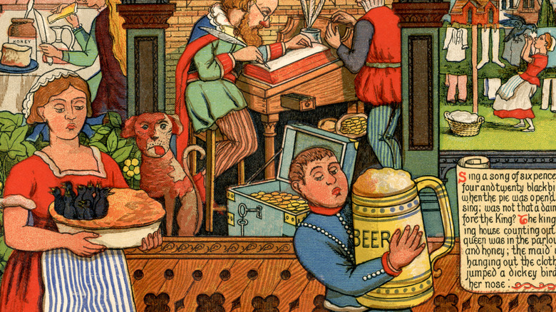 Victorian illustration of medieval nursery rhyme featuring blackbirds in a pie