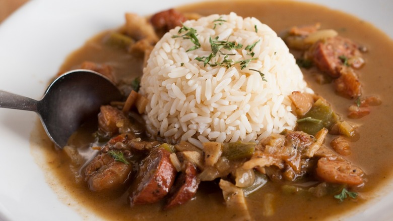 Seafood gumbo topped with white rice