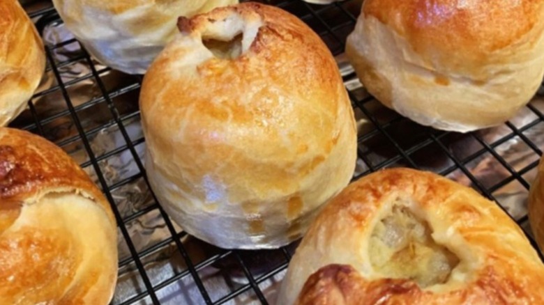knishes cooling on a backing rack