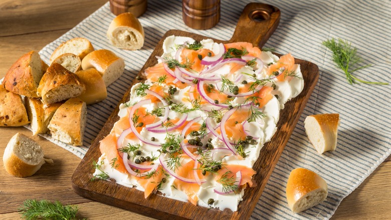 cream cheese board with lox and bread
