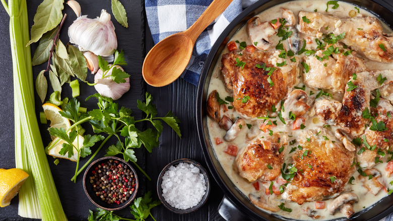 Chicken fricassee in cast iron