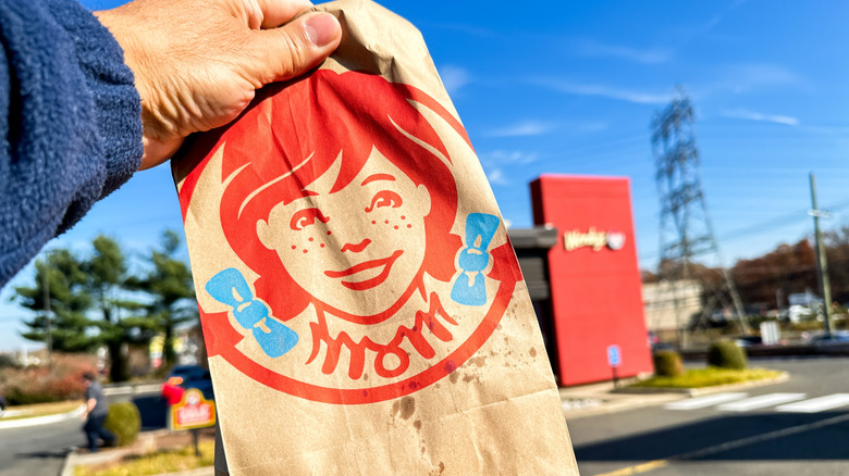 Hand holding up a Wendy's paper bag