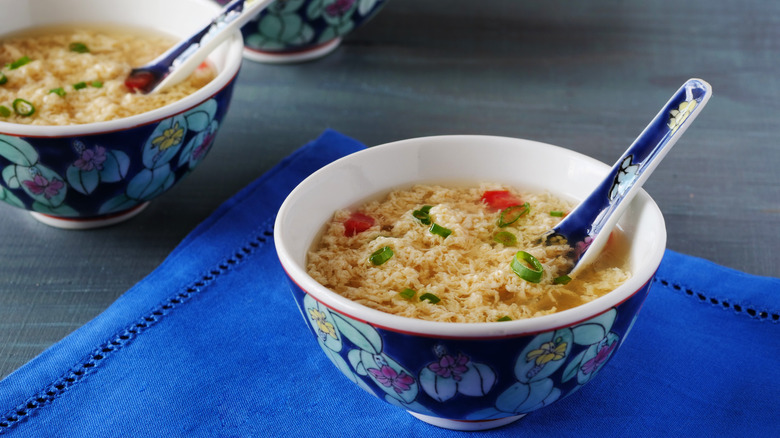 Chinese egg drop soup in patterned bowl